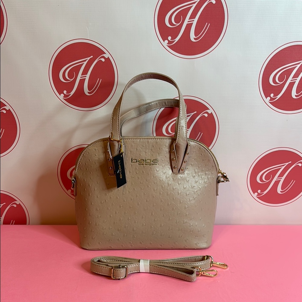 Bebe Tan Satchel with Dome Shape and Gold Hardware